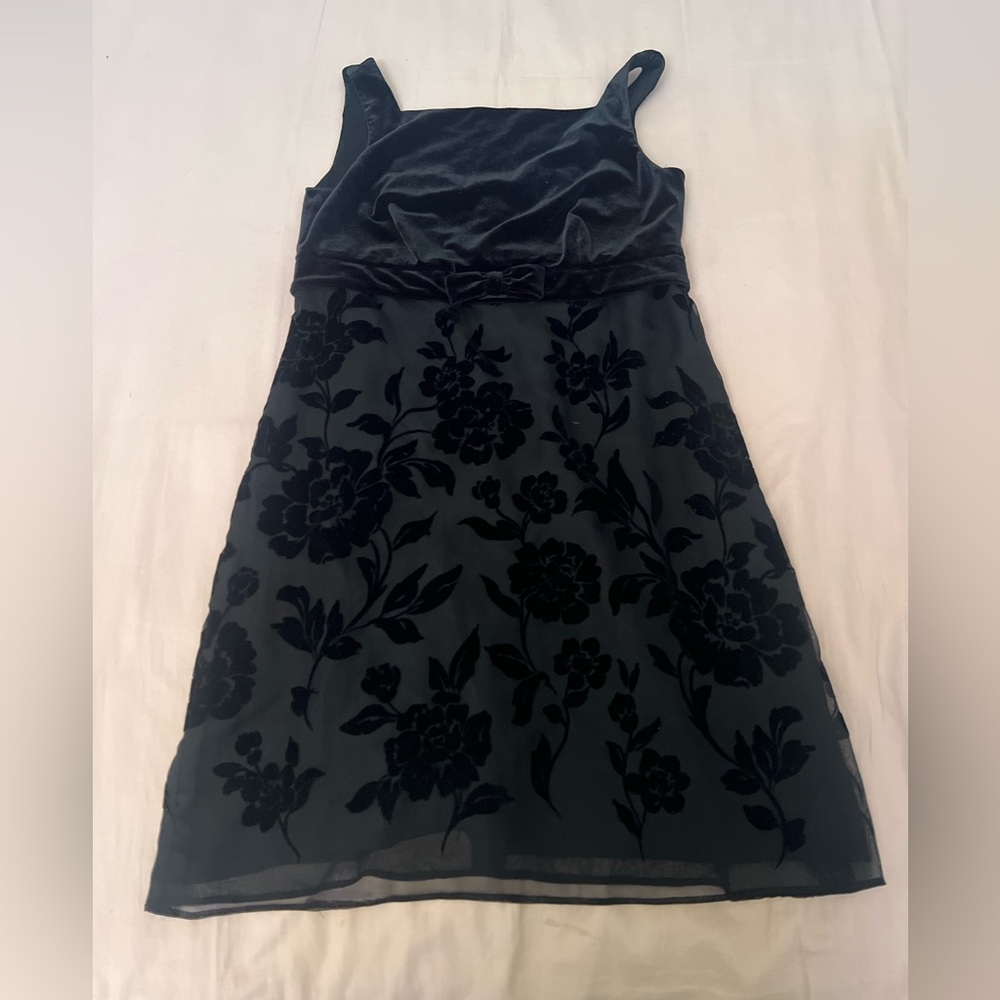 Whimsigoth Bow Black Velvet Floral Midi Dress